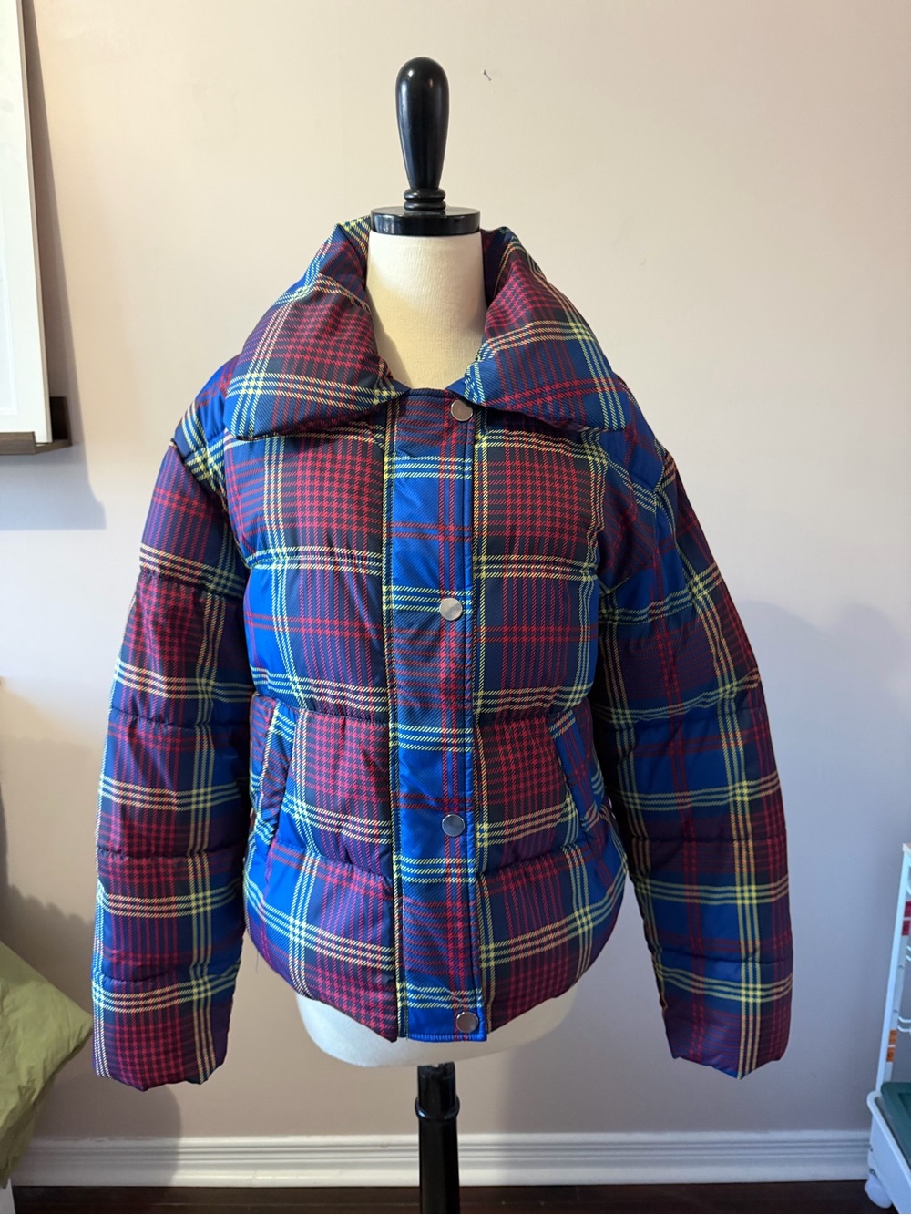 Plaid Puffer Jacket in Blue and Burgundy - Women's Coat
